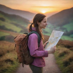 A spirited young lady, with a rucksack on her shoulder and a map in her hand, stepping out to embark on an exciting adventure. The vivid glow of dawn paints the scene.