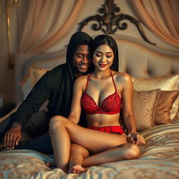 A captivating scene featuring a Chinese woman in hijab wearing a striking red bra and panties, sitting on a beautifully adorned bed next to a black man