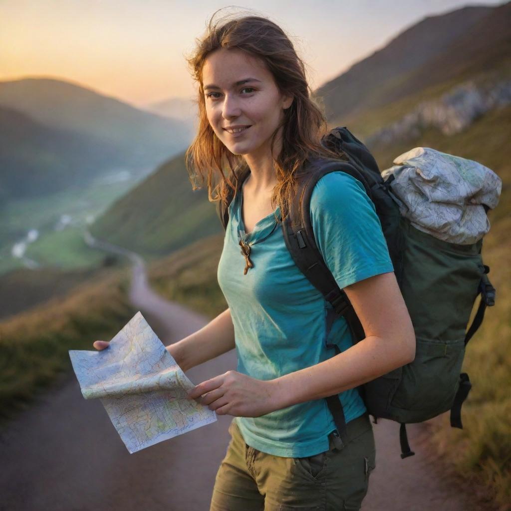 A spirited young lady, with a rucksack on her shoulder and a map in her hand, stepping out to embark on an exciting adventure. The vivid glow of dawn paints the scene.