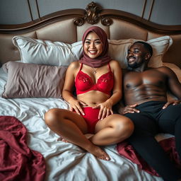 A striking scene featuring a Chinese woman in hijab, confidently wearing a vibrant red bra and panties, lying on an elegantly adorned bed with two black men