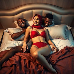 A striking scene featuring a Chinese woman in hijab, confidently wearing a vibrant red bra and panties, lying on an elegantly adorned bed with two black men