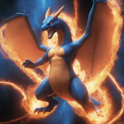 A dynamic image of Charizard, performing a Mega Evolution into either Mega Charizard X or Mega Charizard Y, surrounded by a powerful energy aura