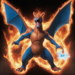 A dynamic image of Charizard, performing a Mega Evolution into either Mega Charizard X or Mega Charizard Y, surrounded by a powerful energy aura