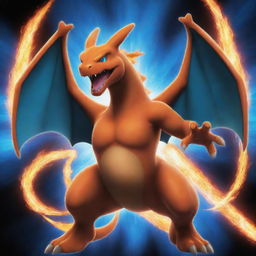 A dynamic image of Charizard, performing a Mega Evolution into either Mega Charizard X or Mega Charizard Y, surrounded by a powerful energy aura