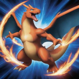 A dynamic image of Charizard, performing a Mega Evolution into either Mega Charizard X or Mega Charizard Y, surrounded by a powerful energy aura