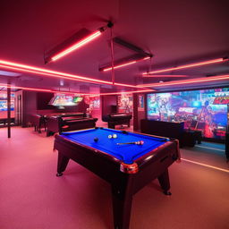 A 30 square meter games room featuring a sleek PS4 gaming console and a high-end billiards table, with spacious area around for movement.