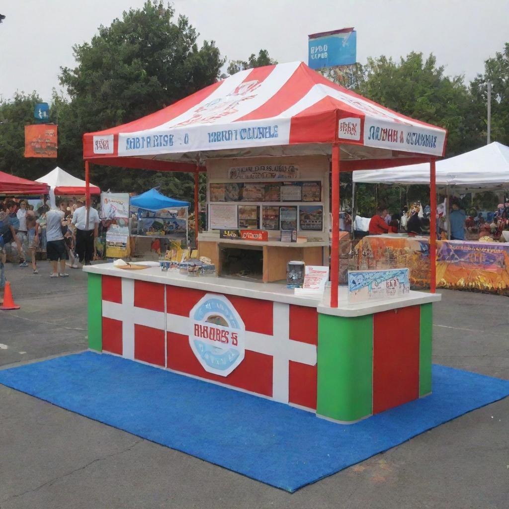 An outdoor carnival booth with a civil engineering theme, featuring interactive displays of bridges, roads, and buildings.