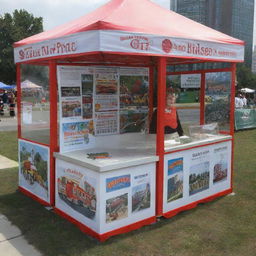 An outdoor carnival booth with a civil engineering theme, featuring interactive displays of bridges, roads, and buildings.