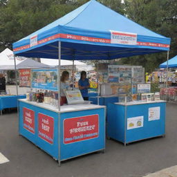 An outdoor carnival booth with a civil engineering theme, featuring interactive displays of bridges, roads, and buildings.