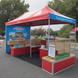 An outdoor carnival booth with a civil engineering theme, featuring interactive displays of bridges, roads, and buildings.