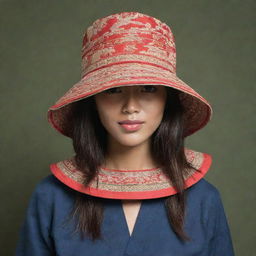 Create an image of a bucket hat adorned with intricate designs depicting Balinese culture, including elements like traditional dancers, temples, or rice terraces.