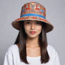 Create an image of a bucket hat adorned with intricate designs depicting Balinese culture, including elements like traditional dancers, temples, or rice terraces.