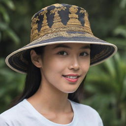 Create an image of a bucket hat adorned with intricate designs depicting Balinese culture, including elements like traditional dancers, temples, or rice terraces.