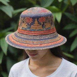 Create an image of a bucket hat adorned with intricate designs depicting Balinese culture, including elements like traditional dancers, temples, or rice terraces.