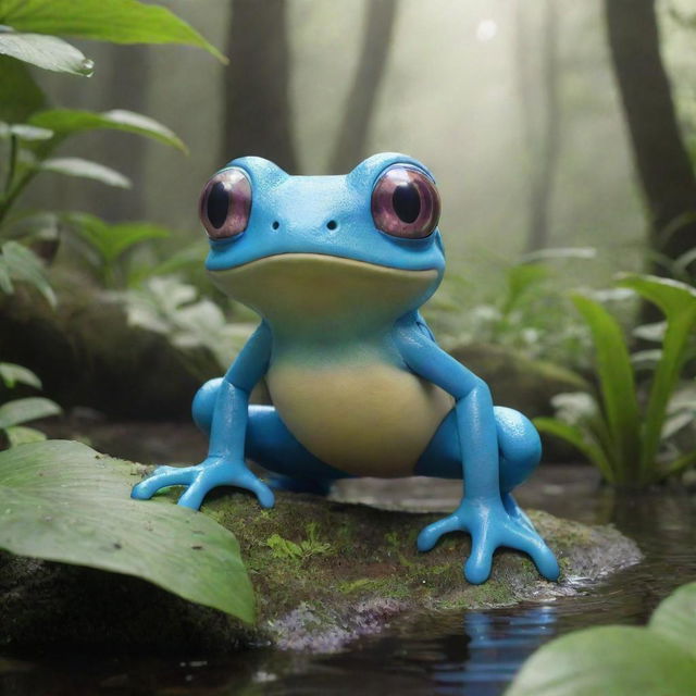 A lively visual of a frog-like Pokemon such as Politoed or Froakie, showing its amphibious abilities in a lush swamp ecosystem