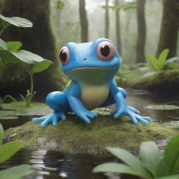 A lively visual of a frog-like Pokemon such as Politoed or Froakie, showing its amphibious abilities in a lush swamp ecosystem