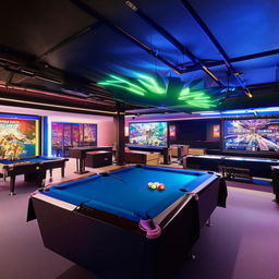 A 30 square meter games room featuring a sleek PS4 gaming console and a high-end billiards table, with spacious area around for movement.