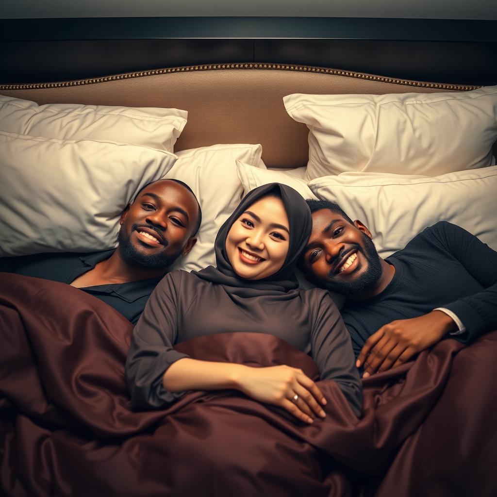 A captivating scene featuring a Chinese woman in hijab, exuding confidence and allure, gracefully lying on an elegantly made bed with two black men beside her