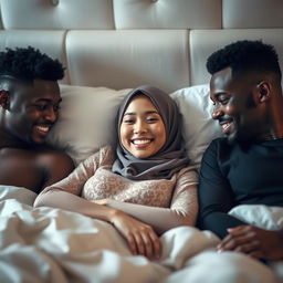 A captivating scene featuring a Chinese woman in hijab, exuding confidence and allure, gracefully lying on an elegantly made bed with two black men beside her