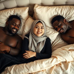 A captivating scene featuring a Chinese woman in hijab, exuding confidence and allure, gracefully lying on an elegantly made bed with two black men beside her