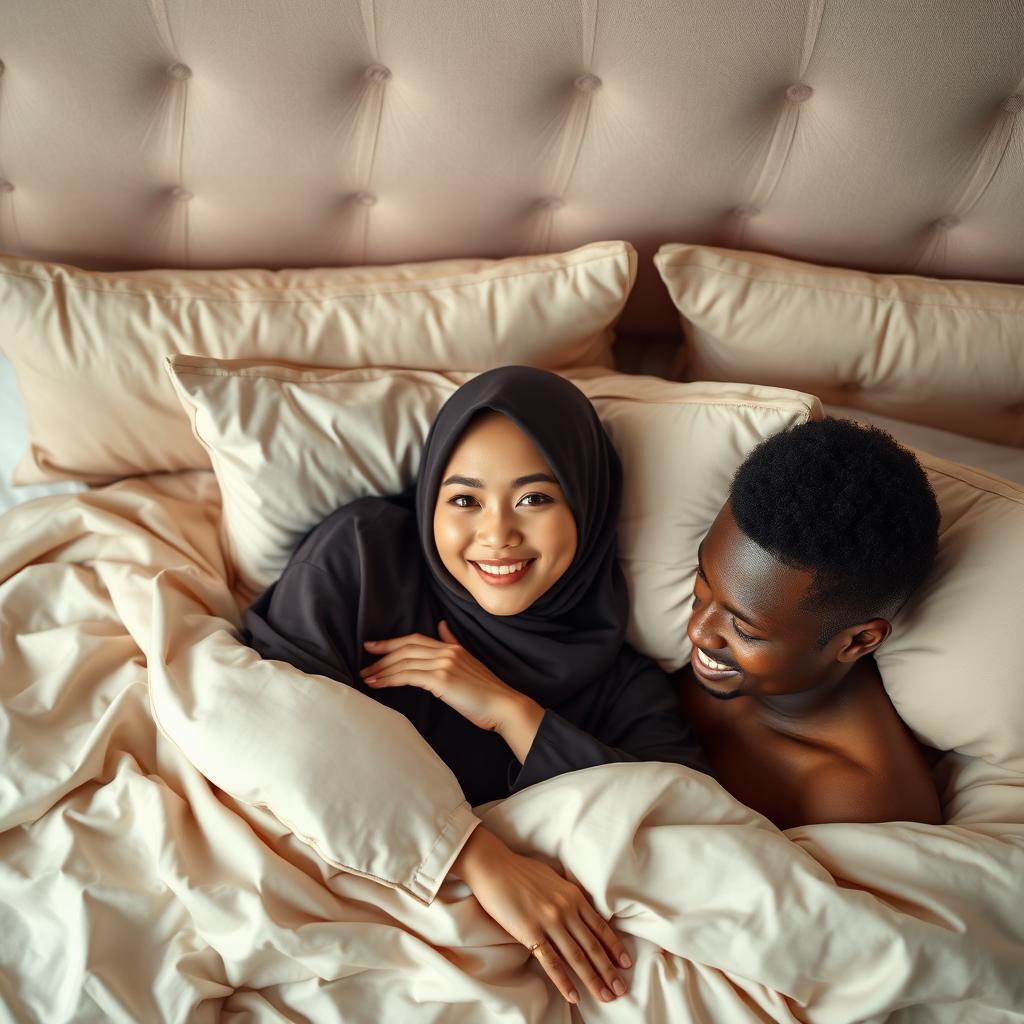 A captivating scene featuring a Chinese woman in hijab, exuding confidence and allure, gracefully lying on an elegantly made bed with two black men beside her