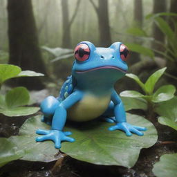 A lively visual of a frog-like Pokemon such as Politoed or Froakie, showing its amphibious abilities in a lush swamp ecosystem