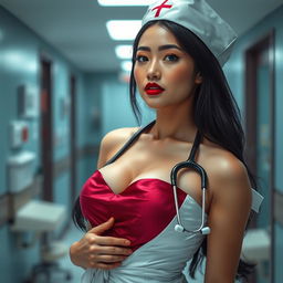 A visually captivating scene featuring a sexy Malay nurse in an alluring costume that embraces sensuality while maintaining a sense of professionalism