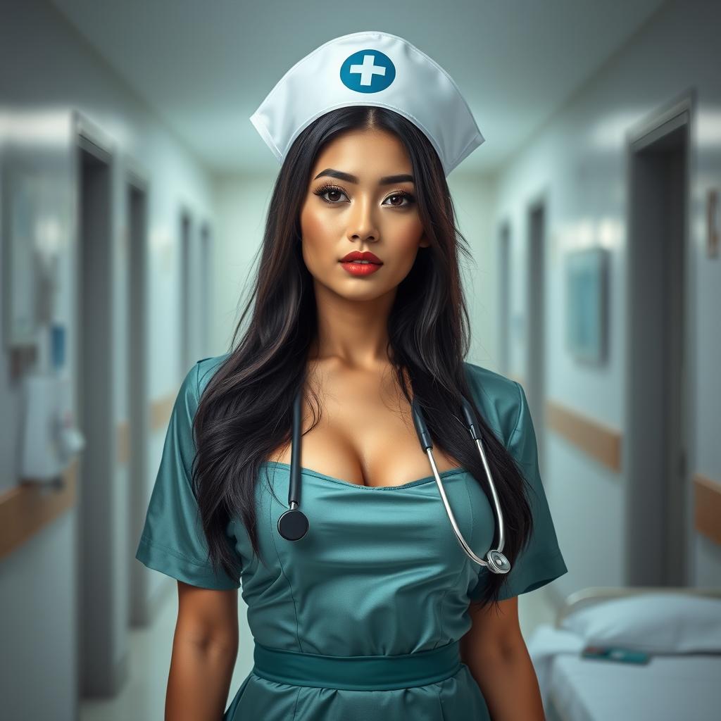 A visually captivating scene featuring a sexy Malay nurse in an alluring costume that embraces sensuality while maintaining a sense of professionalism