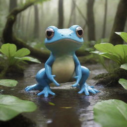 A lively visual of a frog-like Pokemon such as Politoed or Froakie, showing its amphibious abilities in a lush swamp ecosystem