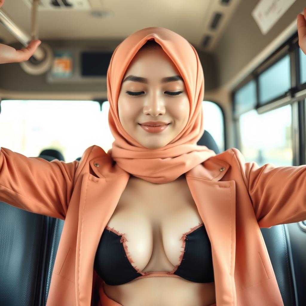 A beautiful 19-year-old Chinese girl wearing a peach hijab, sitting in the passenger seat of a bus with a serene expression