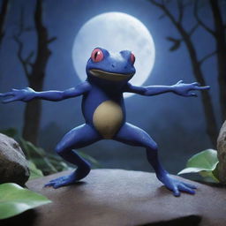 A ninja-inspired frog Pokemon, like Greninja, showing its stealth and agility in a moonlit scene