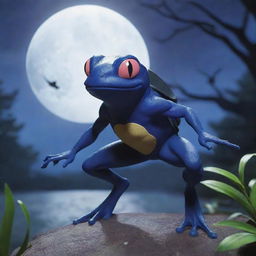 A ninja-inspired frog Pokemon, like Greninja, showing its stealth and agility in a moonlit scene