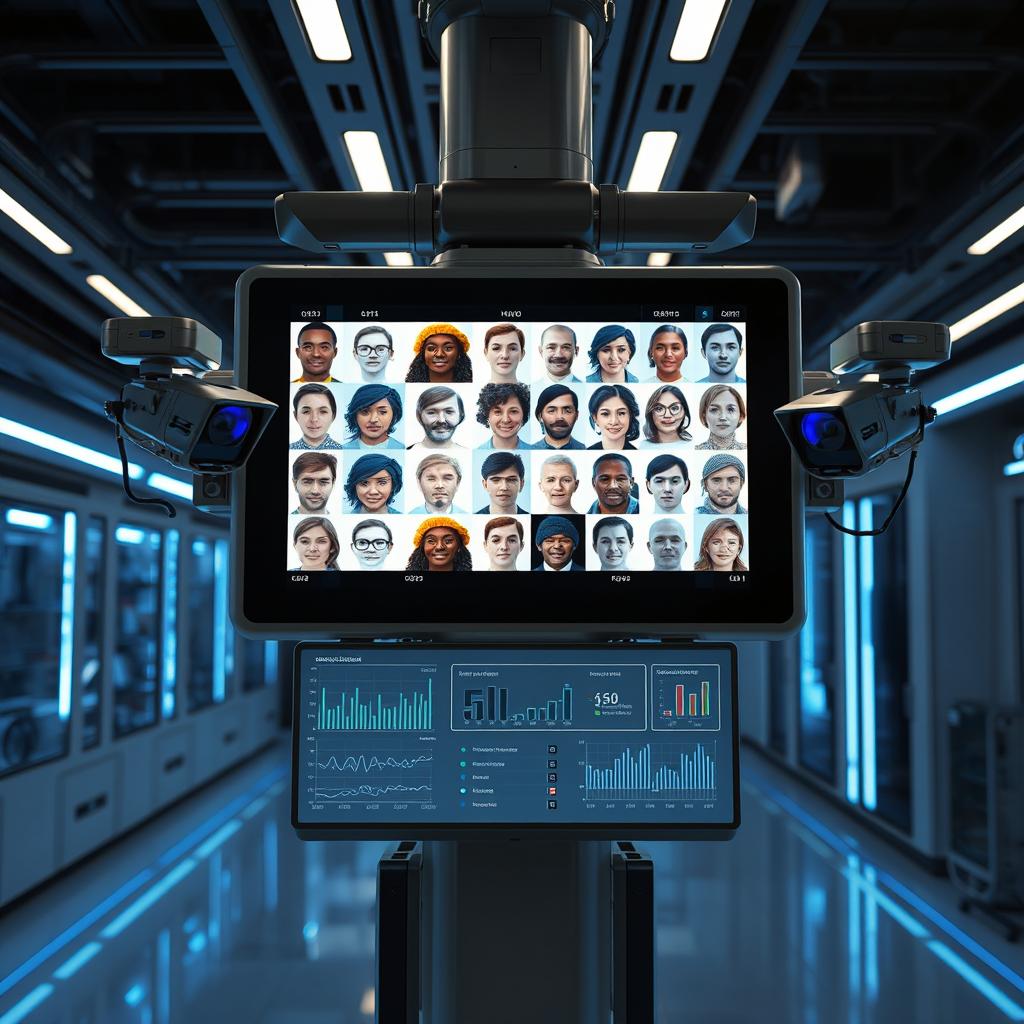 A futuristic biometric facial recognition system in a sleek, modern environment