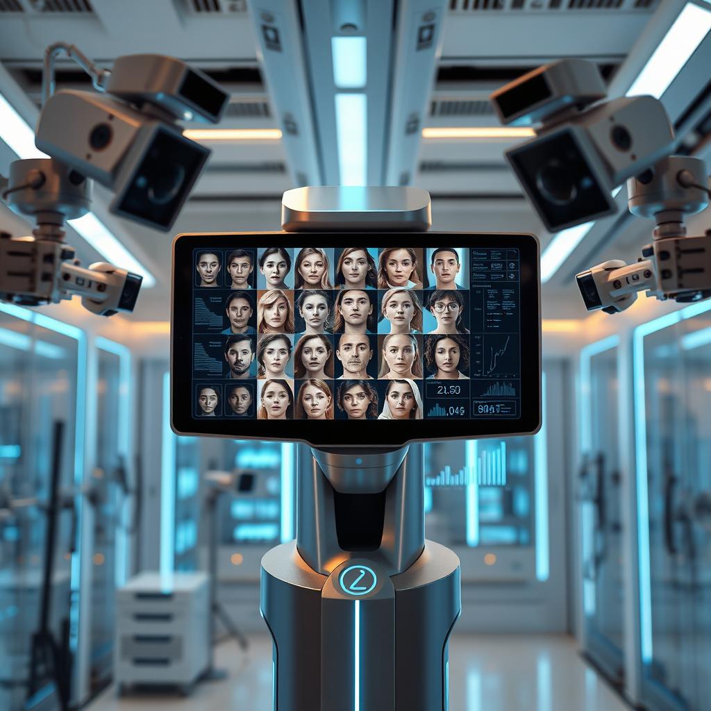 A futuristic biometric facial recognition system in a sleek, modern environment