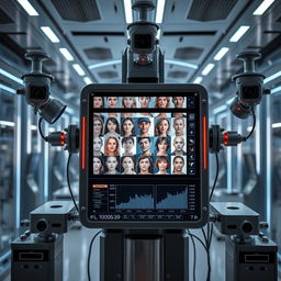 A futuristic biometric facial recognition system in a sleek, modern environment