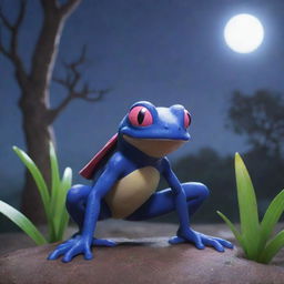 A ninja-inspired frog Pokemon, like Greninja, showing its stealth and agility in a moonlit scene