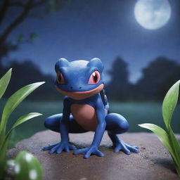 A ninja-inspired frog Pokemon, like Greninja, showing its stealth and agility in a moonlit scene