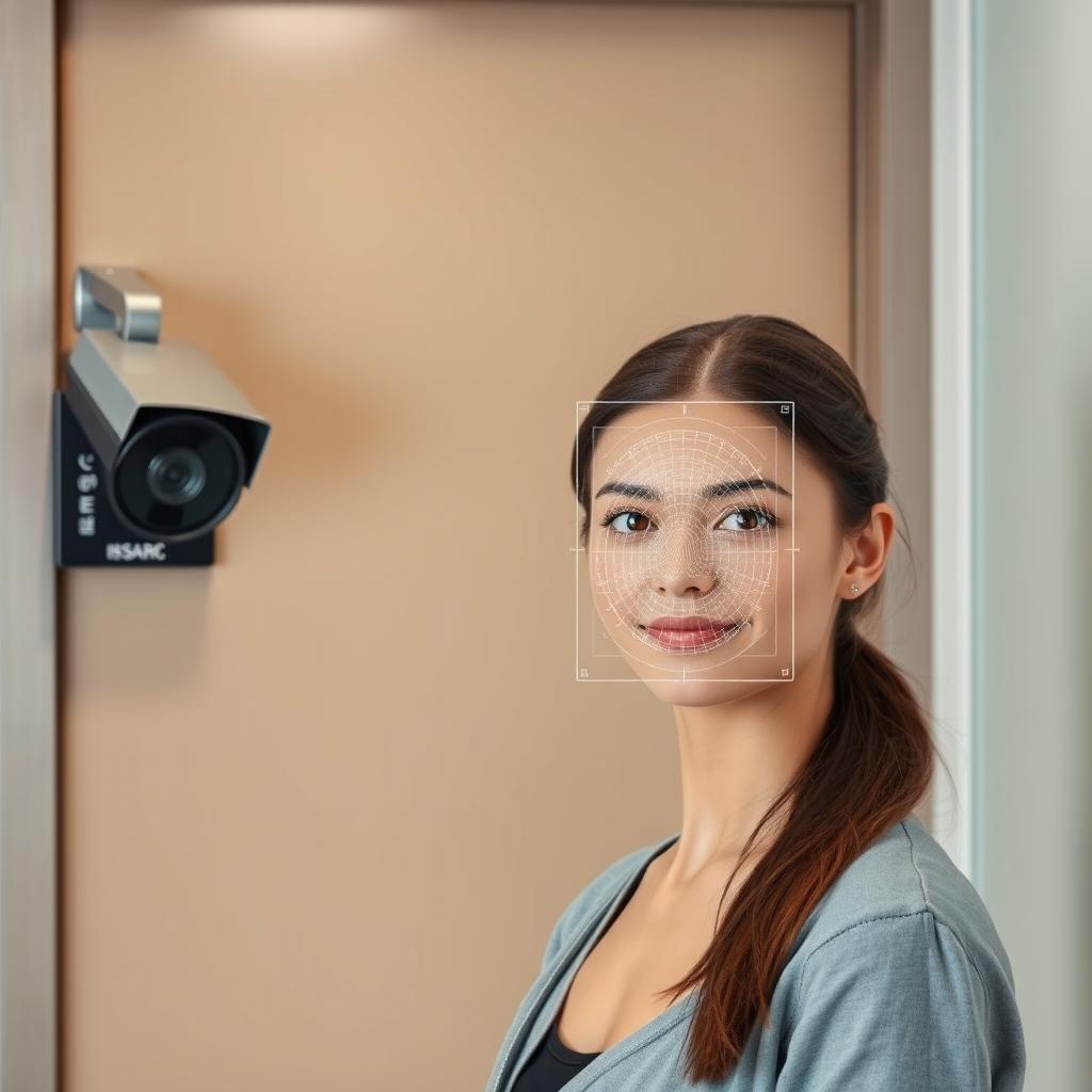 A closed office door featuring a standard surveillance camera mounted on the wall beside the entrance