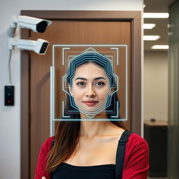 A closed office door featuring a standard surveillance camera mounted on the wall beside the entrance