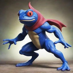 A powerful visual of a muscular, ninja-inspired frog Pokemon, like a beefed-up Greninja, showcasing its strength and agility