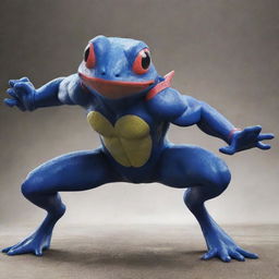 A powerful visual of a muscular, ninja-inspired frog Pokemon, like a beefed-up Greninja, showcasing its strength and agility