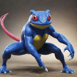 A powerful visual of a muscular, ninja-inspired frog Pokemon, like a beefed-up Greninja, showcasing its strength and agility