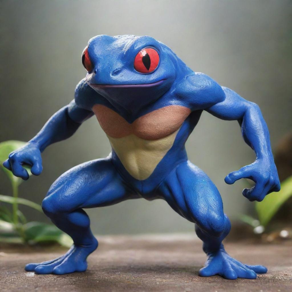 A powerful visual of a muscular, ninja-inspired frog Pokemon, like a beefed-up Greninja, showcasing its strength and agility