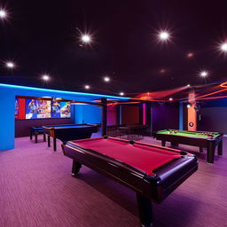 A 30 square meter games room featuring a sleek PS4 gaming console and a high-end billiards table, with spacious area around for movement.