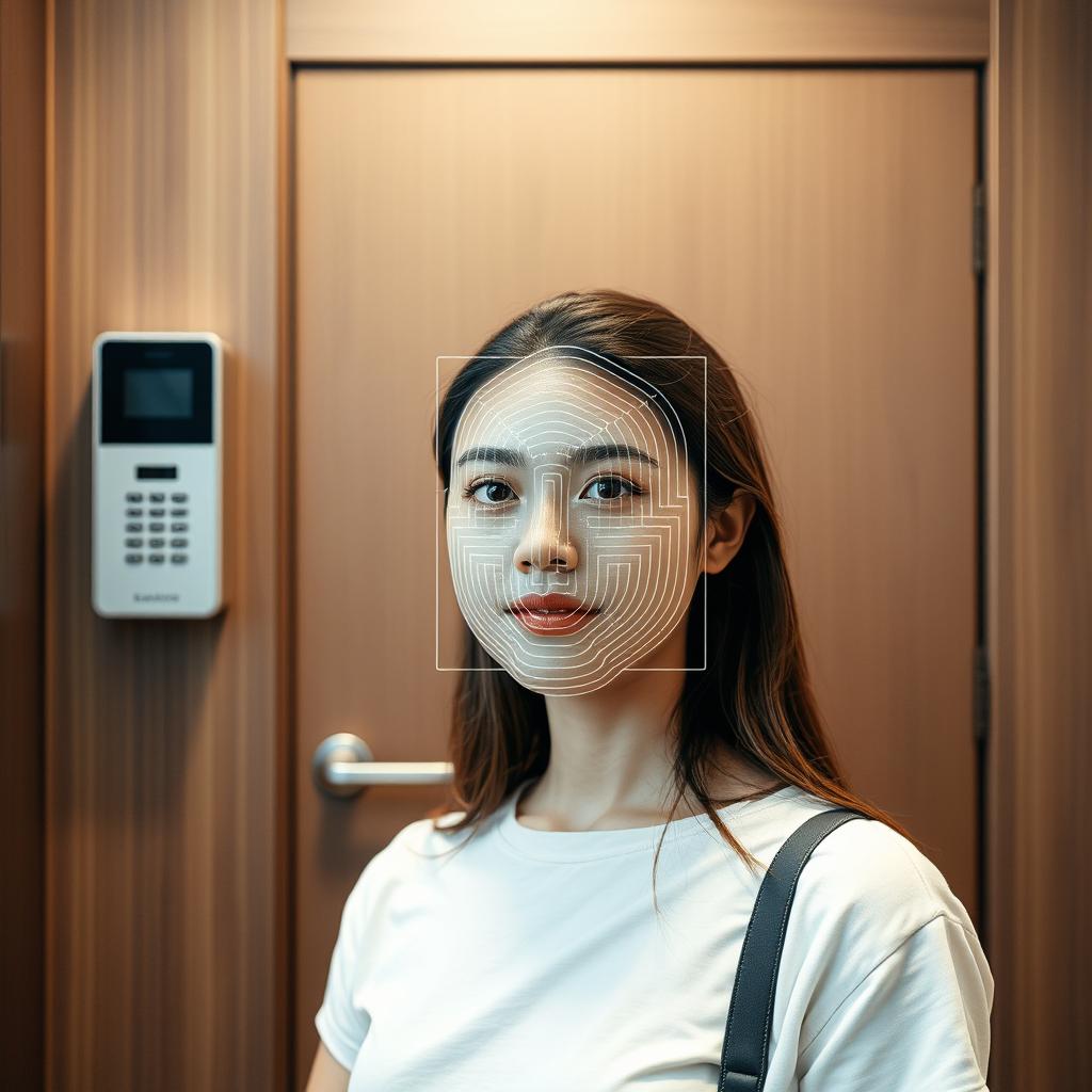 A closed office door featuring a sleek intercom system mounted on the wall beside the entrance