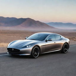 A sleek, modern car with a shiny metallic paint job, parked on a smoothly paved road with an endless horizon in the background