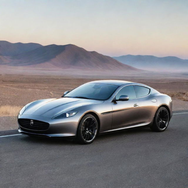 A sleek, modern car with a shiny metallic paint job, parked on a smoothly paved road with an endless horizon in the background