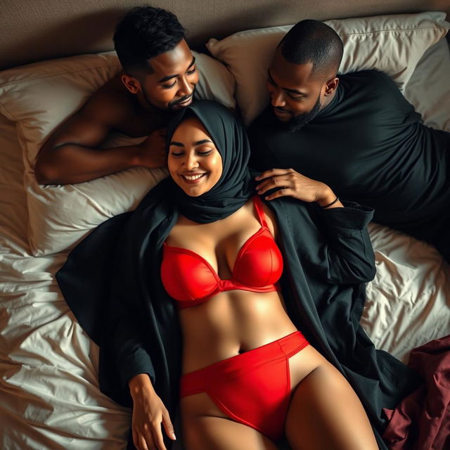 A captivating scene featuring a beautiful Indonesian woman wearing a black hijab and a red bra