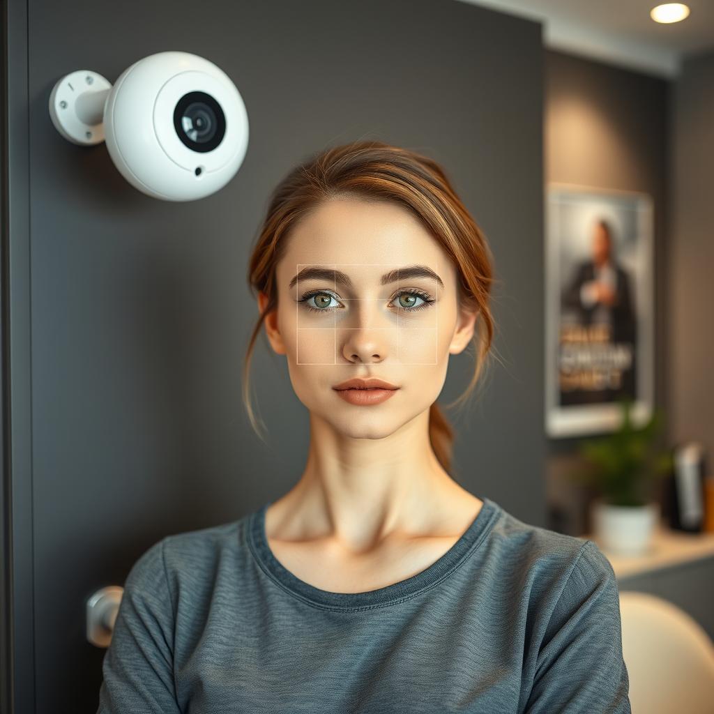 A closed office door with a small, round surveillance camera mounted at its side, capturing the scene