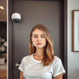 A closed office door with a small, round surveillance camera mounted at its side, capturing the scene